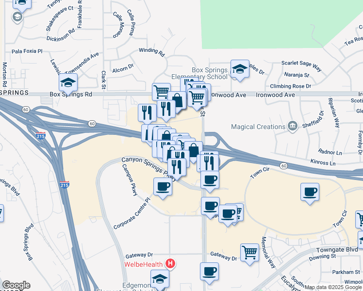 map of restaurants, bars, coffee shops, grocery stores, and more near Moreno Valley Fwy in Riverside