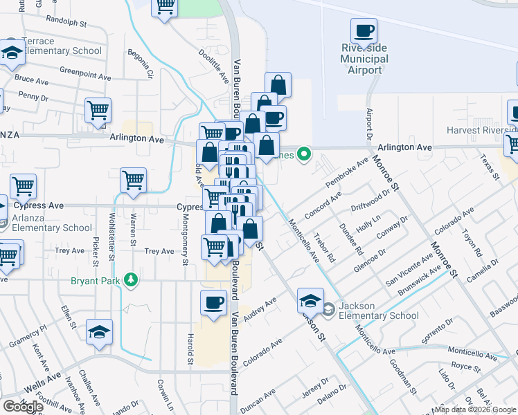 map of restaurants, bars, coffee shops, grocery stores, and more near 6135 Van Buren Boulevard in Riverside
