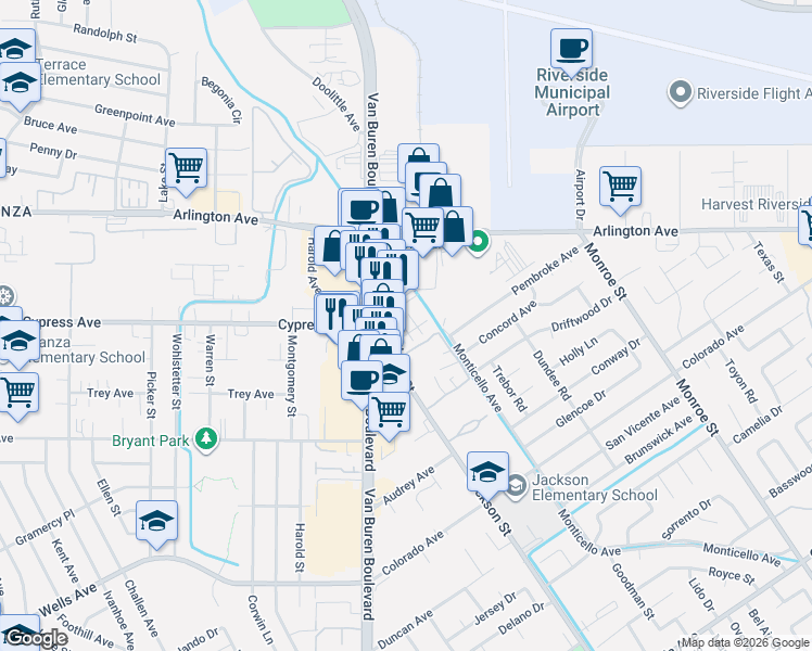 map of restaurants, bars, coffee shops, grocery stores, and more near 6135 Van Buren Boulevard in Riverside