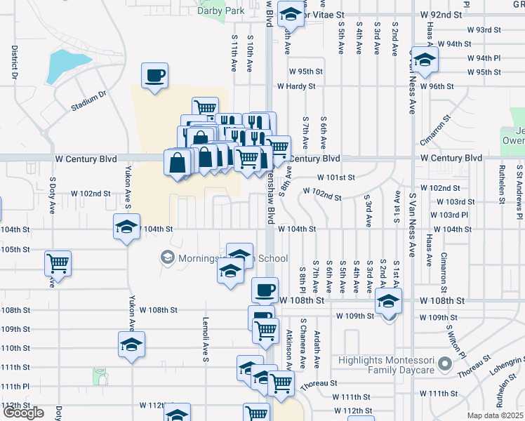 map of restaurants, bars, coffee shops, grocery stores, and more near 10223 Crenshaw Boulevard in Inglewood