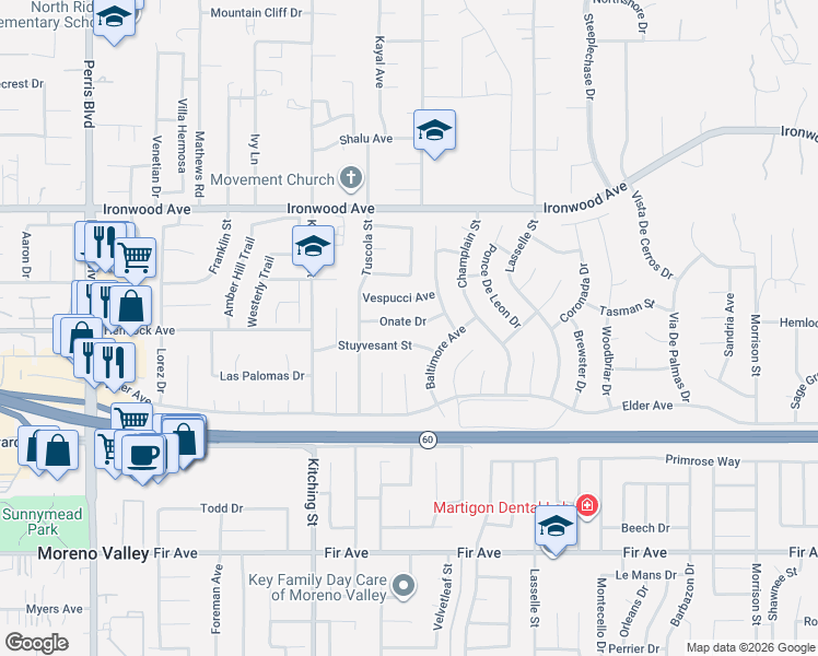 map of restaurants, bars, coffee shops, grocery stores, and more near 25671 Vespucci Avenue in Moreno Valley