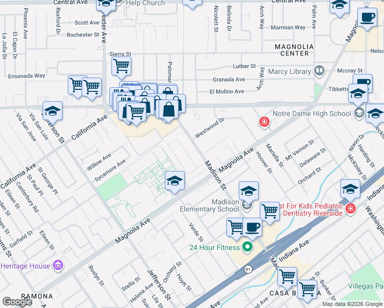 map of restaurants, bars, coffee shops, grocery stores, and more near 3915 Madison Street in Riverside