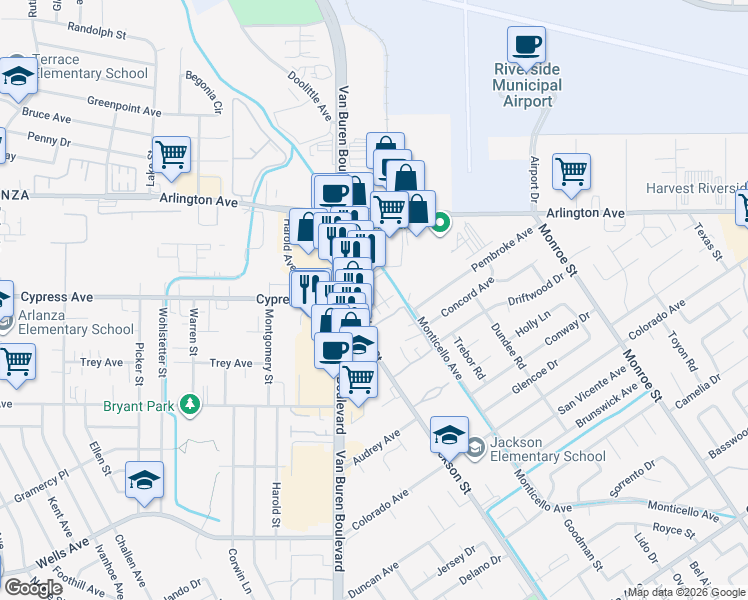 map of restaurants, bars, coffee shops, grocery stores, and more near 6135 Van Buren Boulevard in Riverside