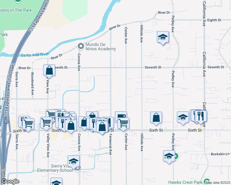 map of restaurants, bars, coffee shops, grocery stores, and more near 4255 Temescal Avenue in Norco