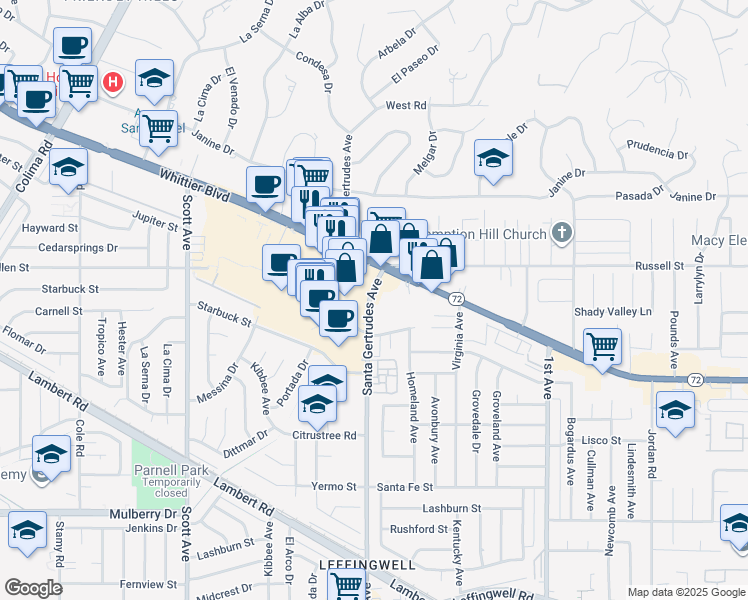 map of restaurants, bars, coffee shops, grocery stores, and more near 15742 Whittier Boulevard in Whittier