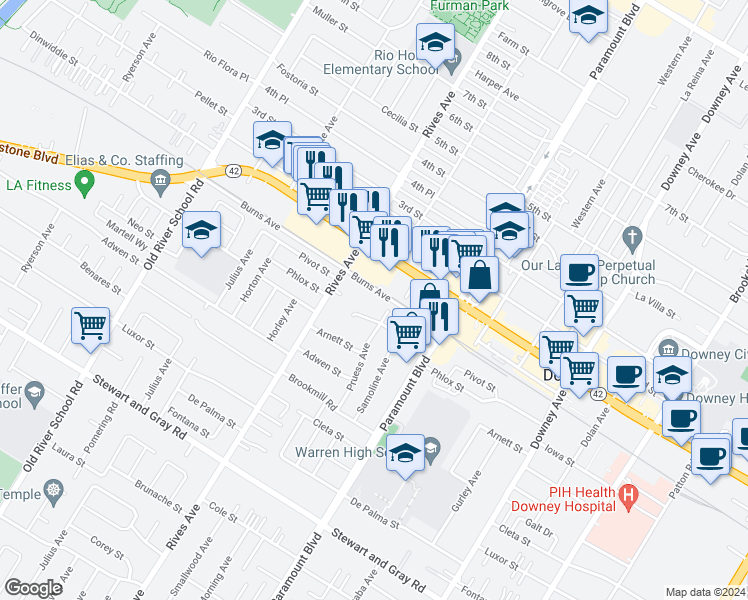 map of restaurants, bars, coffee shops, grocery stores, and more near 7840 Firestone Boulevard in Downey