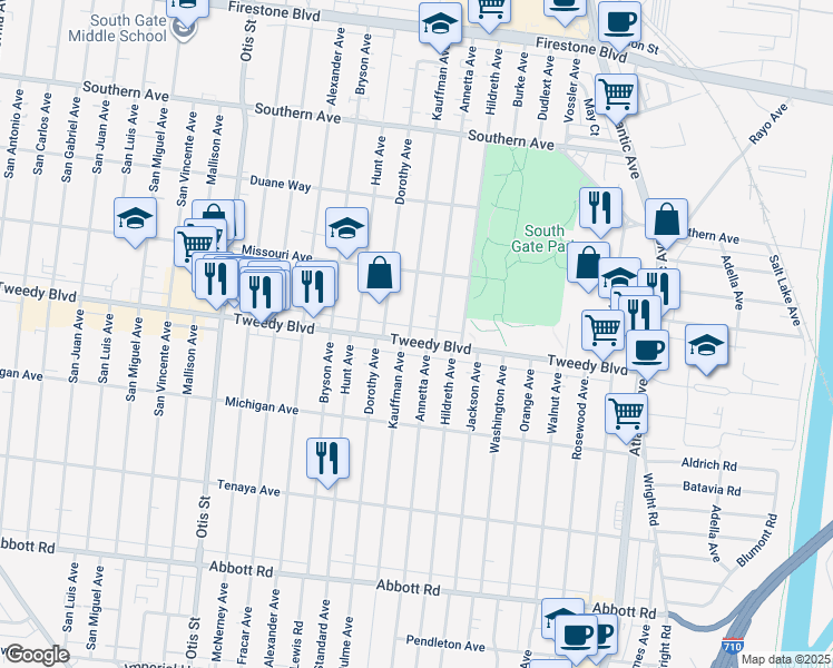 map of restaurants, bars, coffee shops, grocery stores, and more near 9807 Annetta Avenue in South Gate