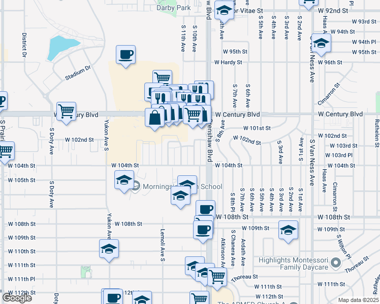 map of restaurants, bars, coffee shops, grocery stores, and more near 10202 South 10th Avenue in Inglewood