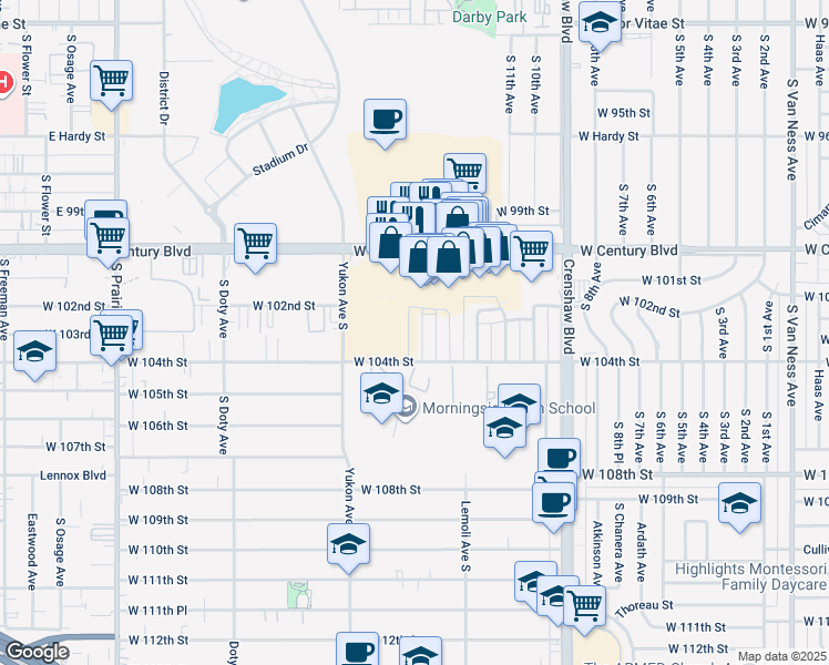 map of restaurants, bars, coffee shops, grocery stores, and more near 10202 Dixon Avenue South in Inglewood