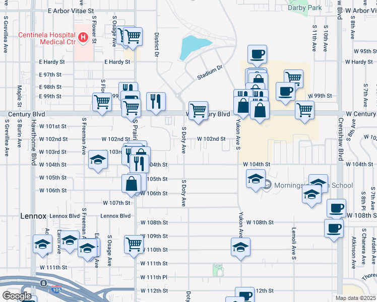 map of restaurants, bars, coffee shops, grocery stores, and more near 10202 Doty Avenue in Inglewood