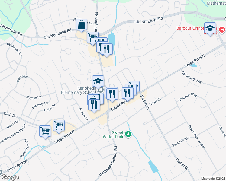 map of restaurants, bars, coffee shops, grocery stores, and more near 2690 Binghampton Lane in Lawrenceville