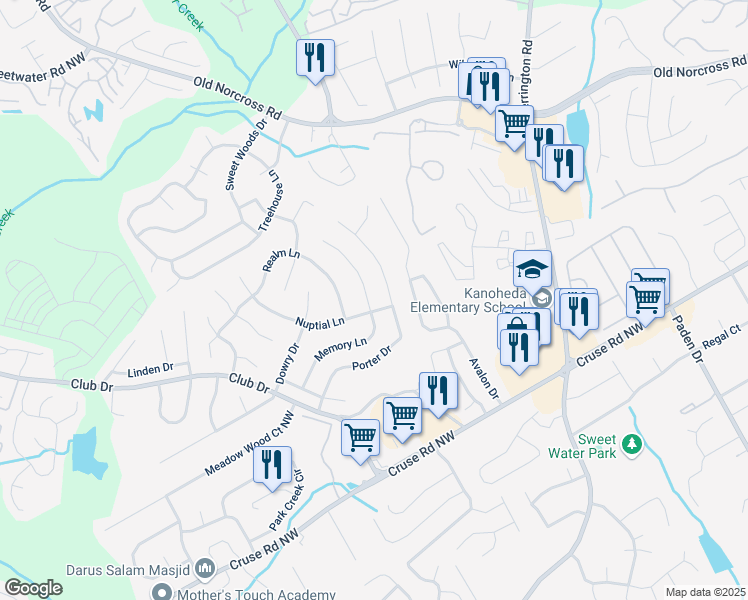map of restaurants, bars, coffee shops, grocery stores, and more near 1077 Memory Lane in Lawrenceville
