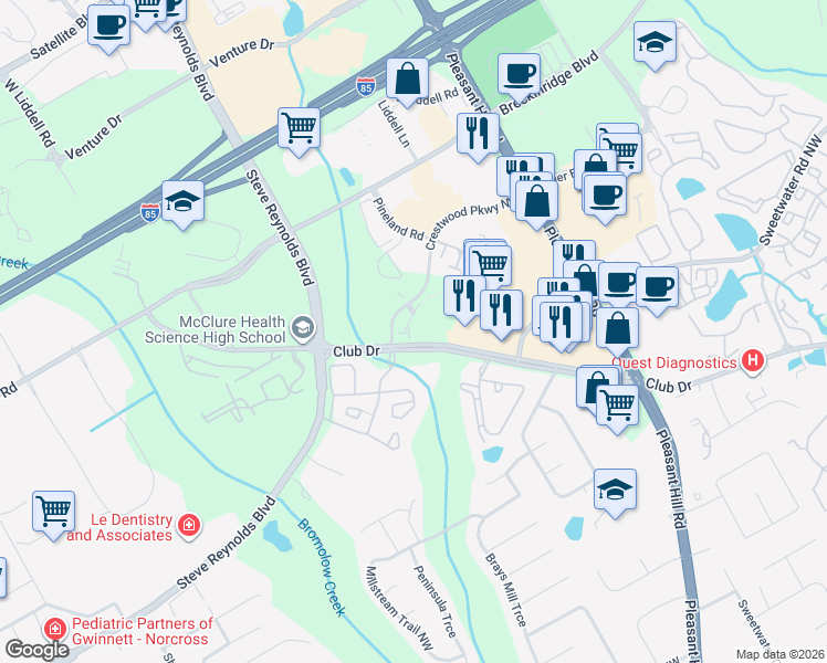 map of restaurants, bars, coffee shops, grocery stores, and more near 1699 Southgate Mill Drive in Duluth