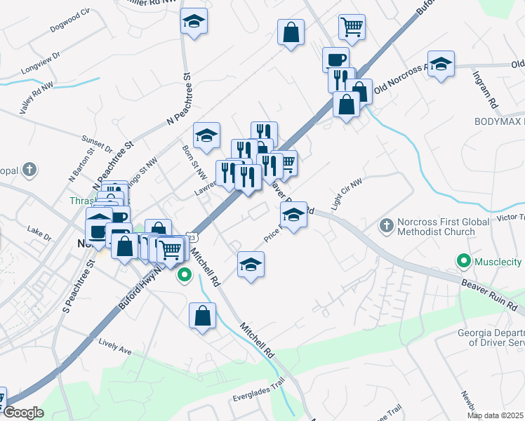 map of restaurants, bars, coffee shops, grocery stores, and more near 5506 Buford Highway in Norcross