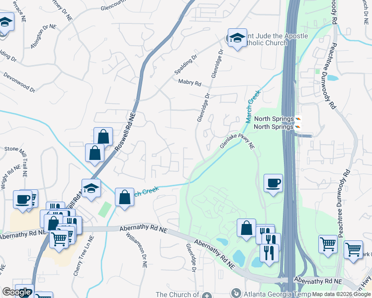 map of restaurants, bars, coffee shops, grocery stores, and more near 6923 Roswell Road in Sandy Springs