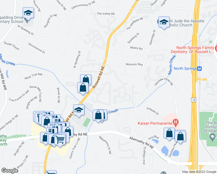 map of restaurants, bars, coffee shops, grocery stores, and more near 6977-7069 Roswell Rd in Sandy Springs