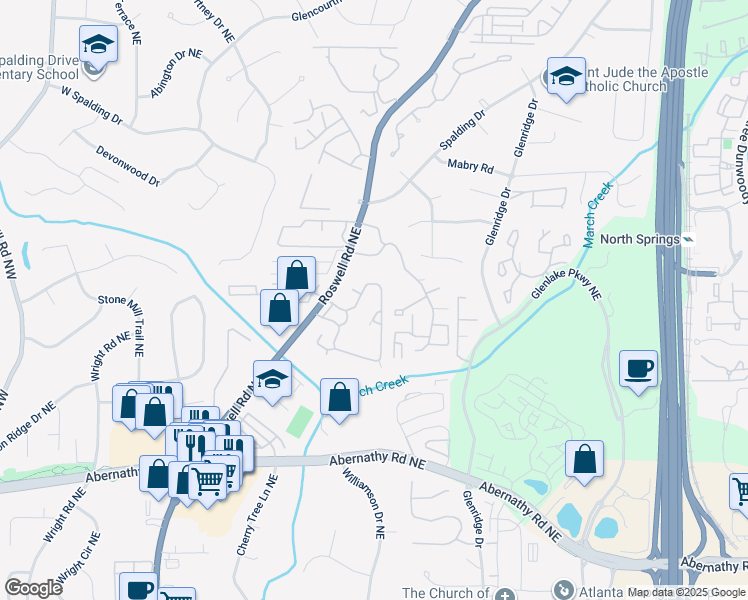 map of restaurants, bars, coffee shops, grocery stores, and more near 6977-7069 Roswell Rd in Sandy Springs