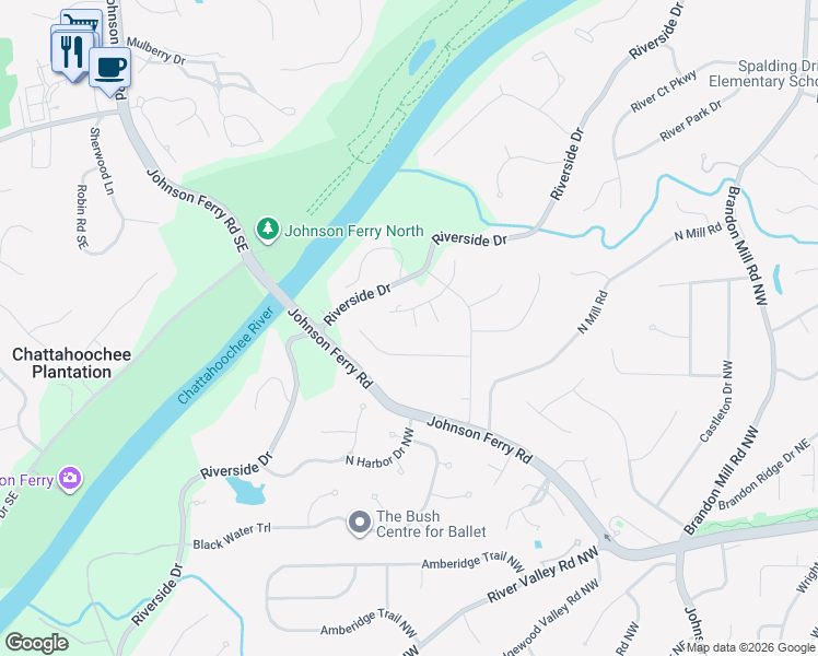 map of restaurants, bars, coffee shops, grocery stores, and more near 355 Crosstree Lane in Atlanta