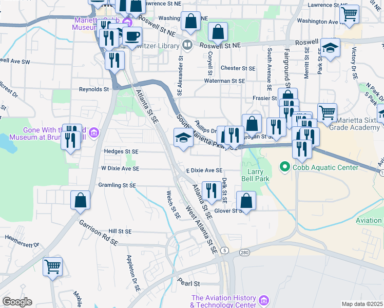 map of restaurants, bars, coffee shops, grocery stores, and more near 325 Garrison Drive Southeast in Marietta