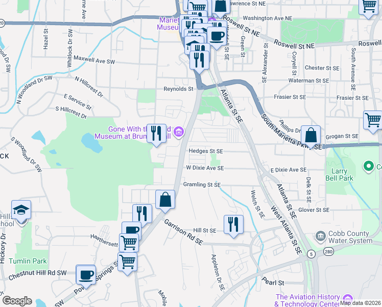 map of restaurants, bars, coffee shops, grocery stores, and more near 59 Hedges Street Southeast in Marietta