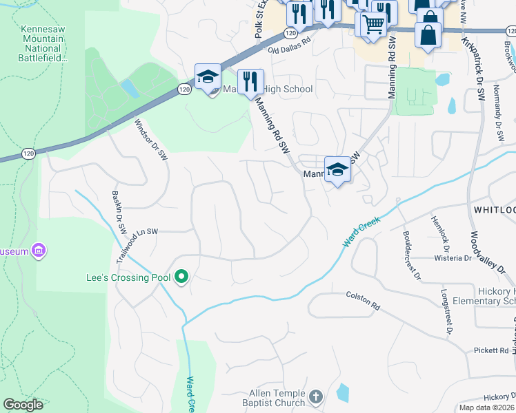 map of restaurants, bars, coffee shops, grocery stores, and more near 432 Rockford Pass Southwest in Marietta