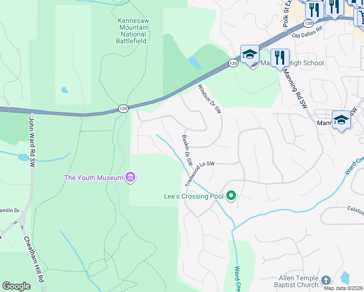 map of restaurants, bars, coffee shops, grocery stores, and more near 381 Hermitage Court in Marietta