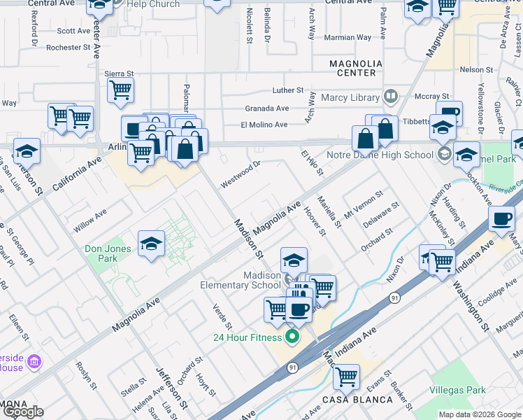 map of restaurants, bars, coffee shops, grocery stores, and more near 7431 Magnolia Avenue in Riverside