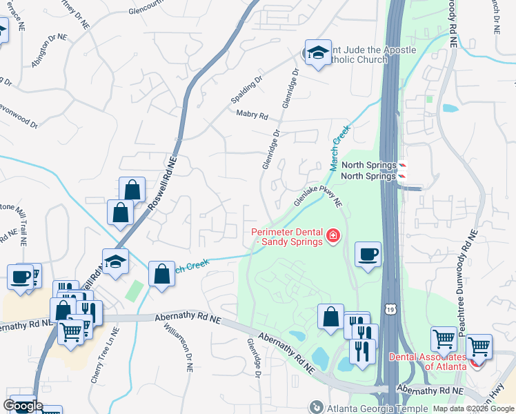 map of restaurants, bars, coffee shops, grocery stores, and more near 6869 Glenlake Parkway Northeast in Sandy Springs