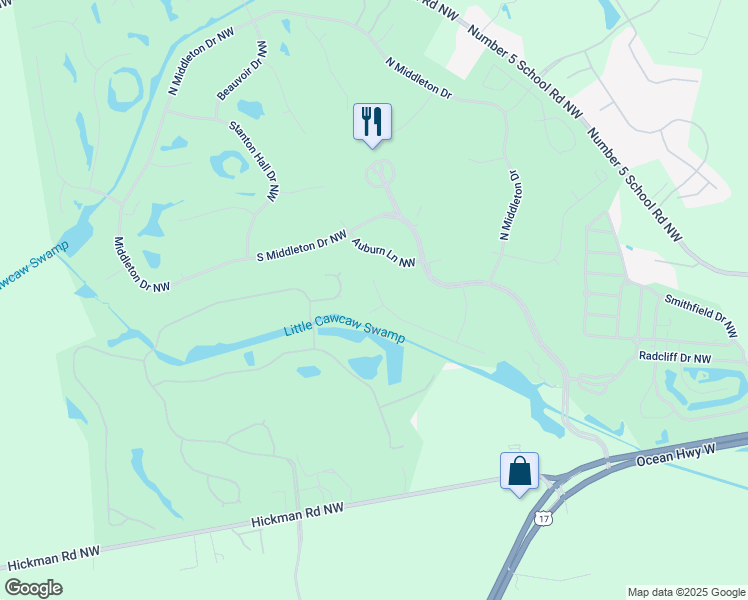 map of restaurants, bars, coffee shops, grocery stores, and more near 9104 Twin Bay Court Northwest in Calabash