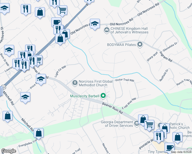 map of restaurants, bars, coffee shops, grocery stores, and more near 2473 Westhill Court Northwest in Norcross