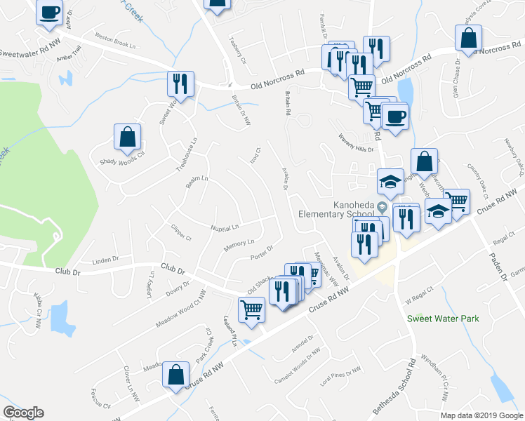 map of restaurants, bars, coffee shops, grocery stores, and more near 1077 Memory Lane in Lawrenceville