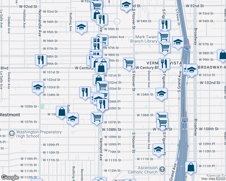 map of restaurants, bars, coffee shops, grocery stores, and more near 812 West 103rd Street in Los Angeles
