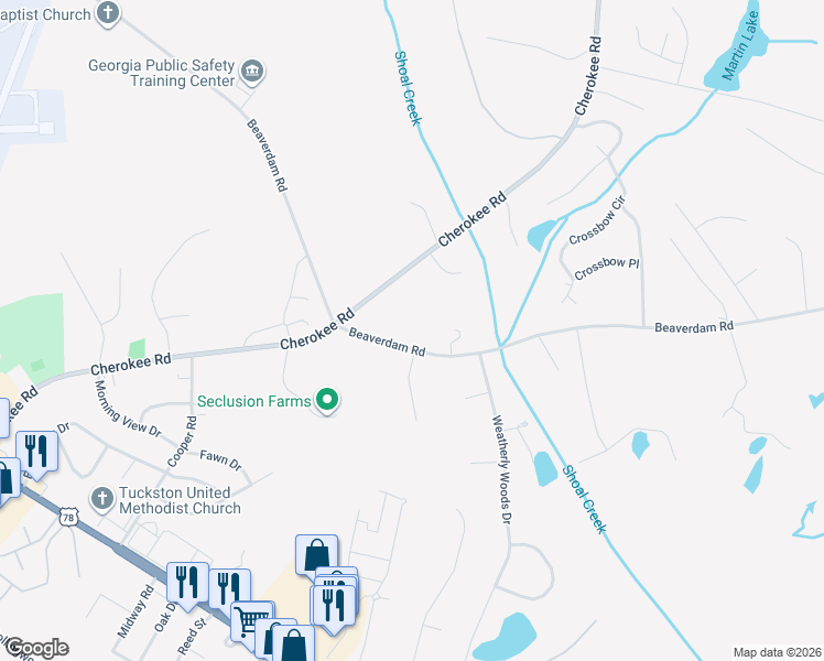 map of restaurants, bars, coffee shops, grocery stores, and more near 305 Beaverdam Road in Winterville