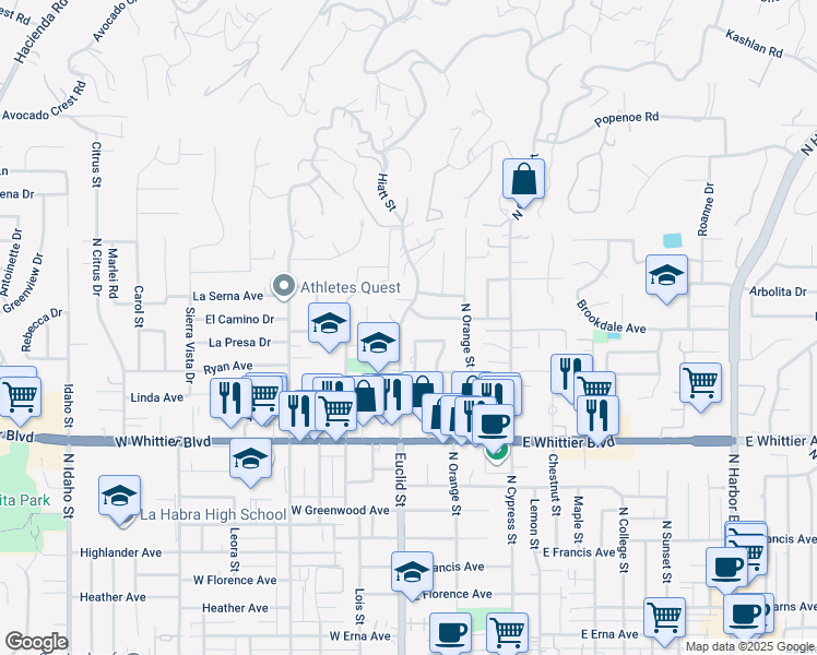 map of restaurants, bars, coffee shops, grocery stores, and more near 1100 North Euclid Street in La Habra