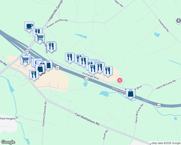 map of restaurants, bars, coffee shops, grocery stores, and more near 384 Exchange Boulevard in Bethlehem