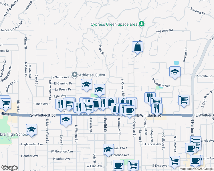 map of restaurants, bars, coffee shops, grocery stores, and more near 1100 North Euclid Street in La Habra