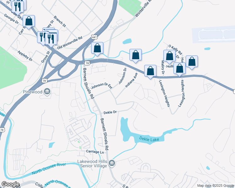 map of restaurants, bars, coffee shops, grocery stores, and more near 180 Indiana Avenue in Athens