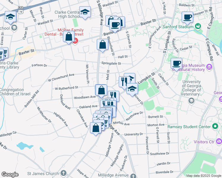 map of restaurants, bars, coffee shops, grocery stores, and more near 215 West Rutherford Street in Athens