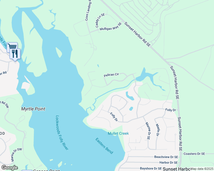 map of restaurants, bars, coffee shops, grocery stores, and more near Island Drive Southeast in Brunswick County