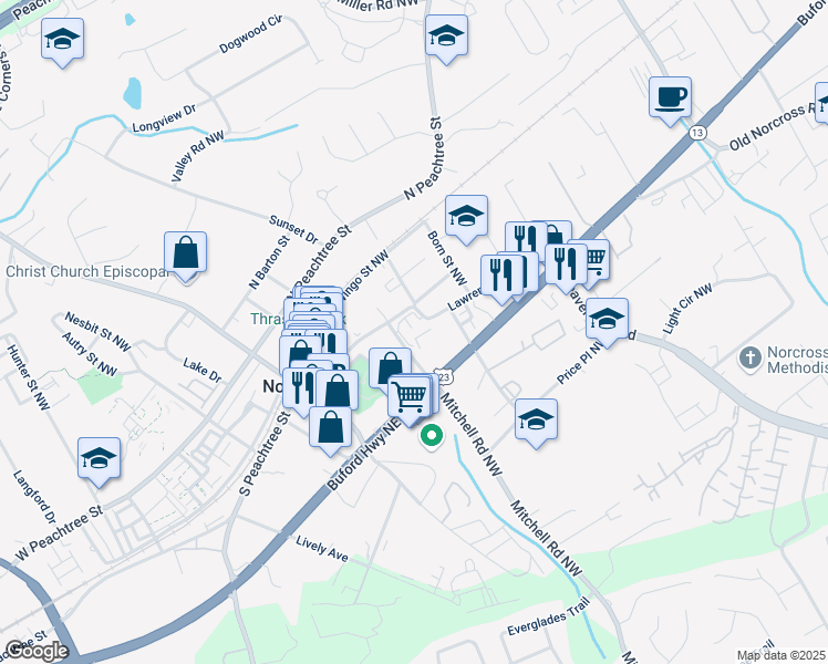 map of restaurants, bars, coffee shops, grocery stores, and more near 200 Lawrenceville Street Northwest in Norcross
