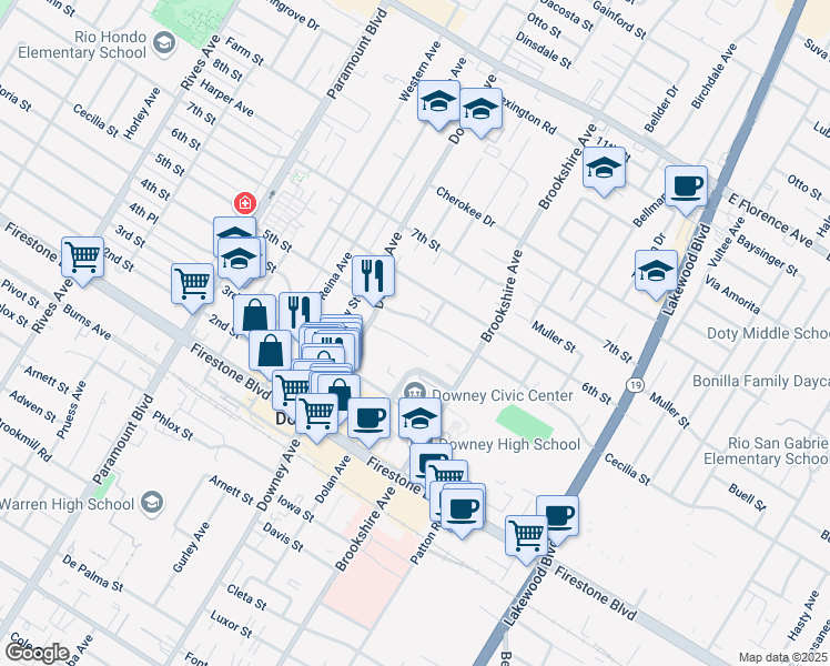 map of restaurants, bars, coffee shops, grocery stores, and more near 8356 5th Street in Downey