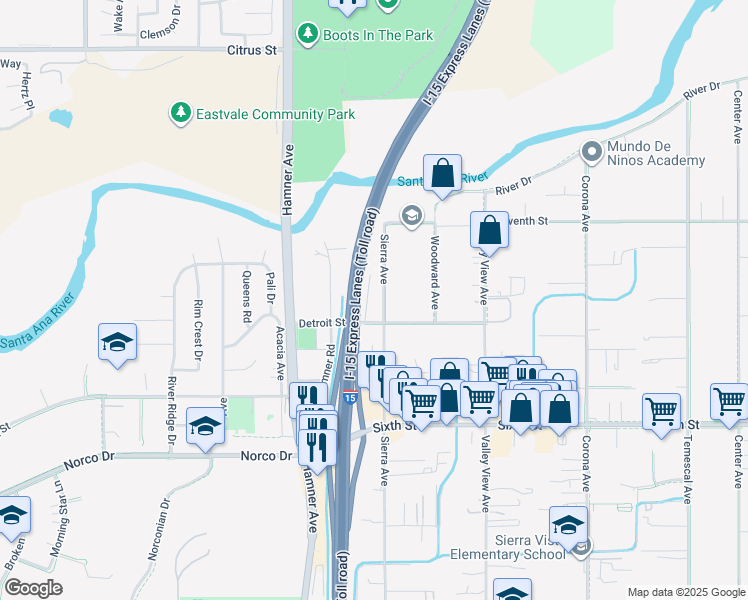 map of restaurants, bars, coffee shops, grocery stores, and more near 4240 Sierra Avenue in Norco