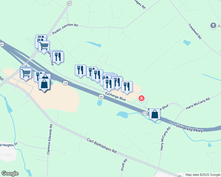 map of restaurants, bars, coffee shops, grocery stores, and more near 656 Exchange Boulevard in Bethlehem