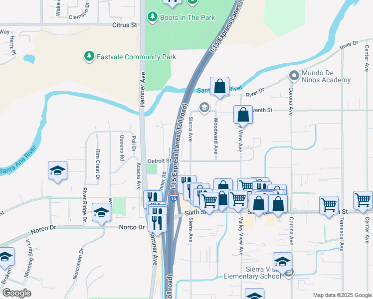 map of restaurants, bars, coffee shops, grocery stores, and more near 4240 Sierra Avenue in Norco
