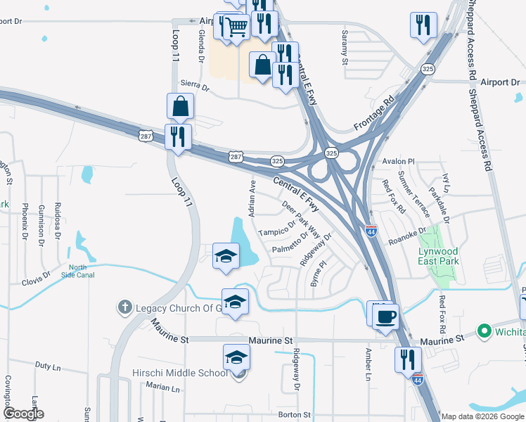 map of restaurants, bars, coffee shops, grocery stores, and more near 2712 Boulder Drive in Wichita Falls