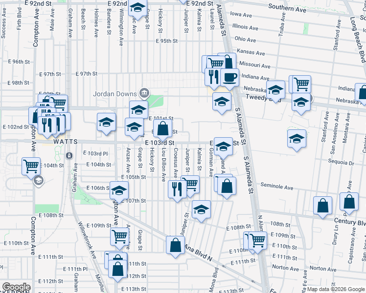 map of restaurants, bars, coffee shops, grocery stores, and more near 2164 East 103rd Street in Los Angeles