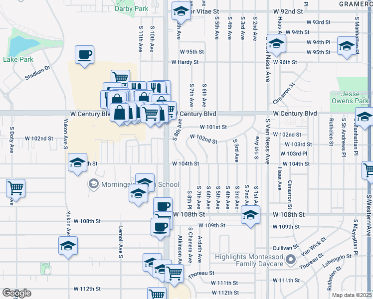 map of restaurants, bars, coffee shops, grocery stores, and more near 10225 South 7th Avenue in Inglewood
