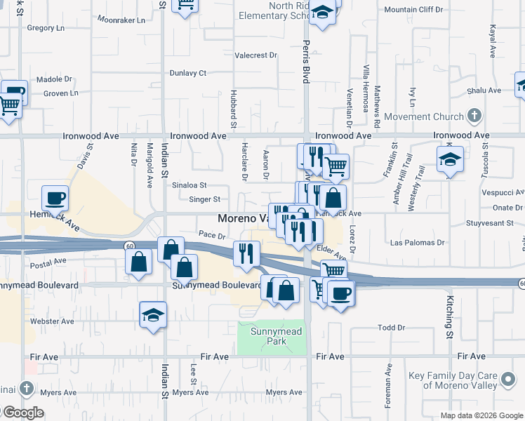 map of restaurants, bars, coffee shops, grocery stores, and more near 12243 Orchid Lane in Moreno Valley