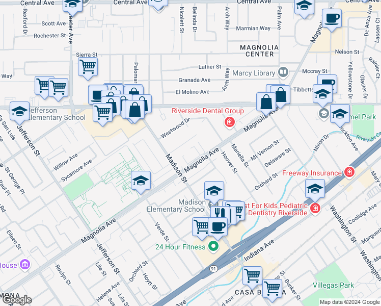map of restaurants, bars, coffee shops, grocery stores, and more near 7431 Magnolia Avenue in Riverside