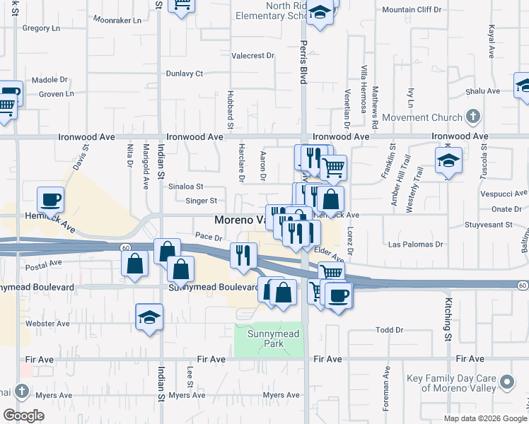 map of restaurants, bars, coffee shops, grocery stores, and more near 12237 Orchid Lane in Moreno Valley